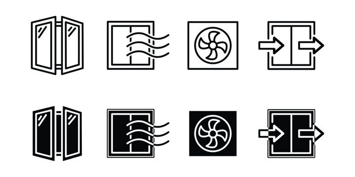 Window and ventilation system icons with airflow and exhaust fan graphics for climate control and interior design concepts.