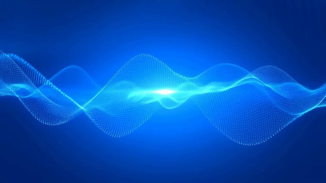 Glowing blue particles flow and oscillate in smooth wave patterns across a dark blue gradient background. Atmospheric motion backdrop featuring fluid movement and energy wave.