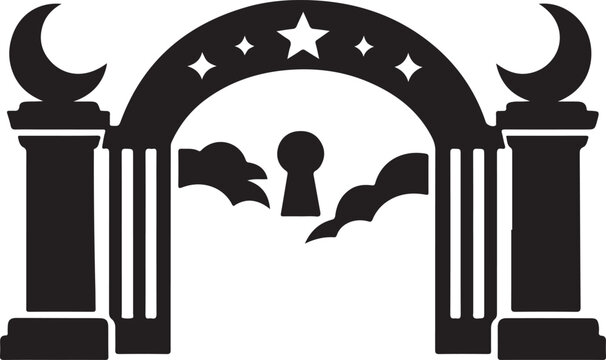 Celestial archway silhouette with pillars stars crescent moons and keyhole center.