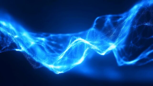 Blue glowing particles flow and pulse in an undulating wave across a dark background. Luminous visual texture combines particles and wave with flowing motion.