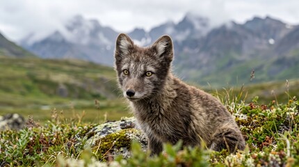 Fototapeta premium Young fox kit sitting on tundra with mountain backdrop, looking alert and observant in overcast alpine meadow natural habitat