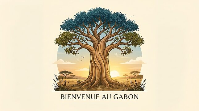 Baobab tree with subtle Gabon flag colors, minimal greeting text, elegant vector artwork