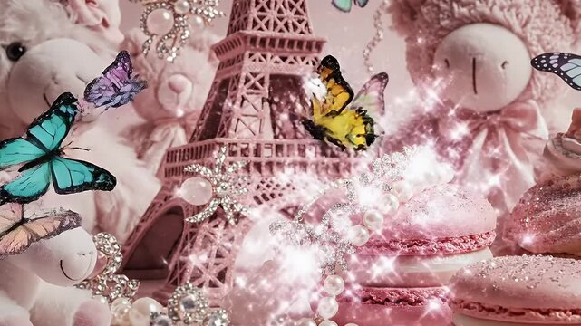 Pastel Pink Parisian Tea Party Scene with Plush Unicorns, Cupcakes, and Eiffel Tower Decor