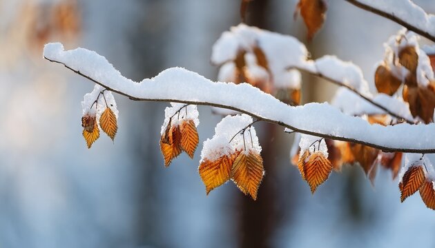 Snow Covered Alder Tree Alnus Glutinosa Branch Against Defocused Background Selective Focus And Shallow Depth Of Field