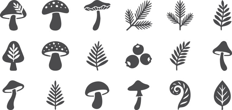 Forest elements silhouette vector set mushrooms leaves berries and pine branches