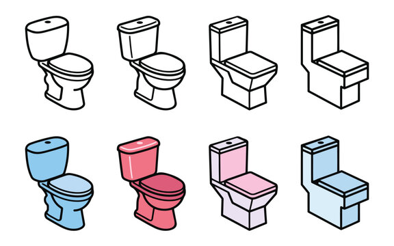Modern toilet bowl vector illustration set featuring isometric line art and colored graphics for bathroom design projects.
