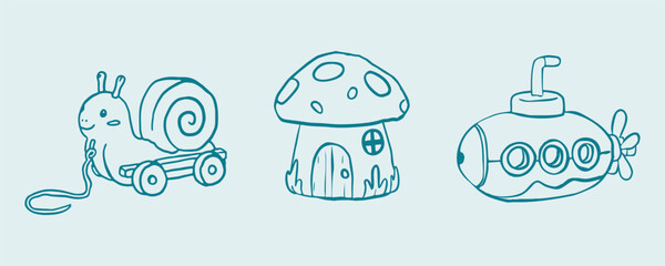 Cute doodle toy collection featuring a snail on wheels, mushroom house and submarine. Adorable cartoon outline vector illustrations isolated on white background for kids' designs. © Anna B