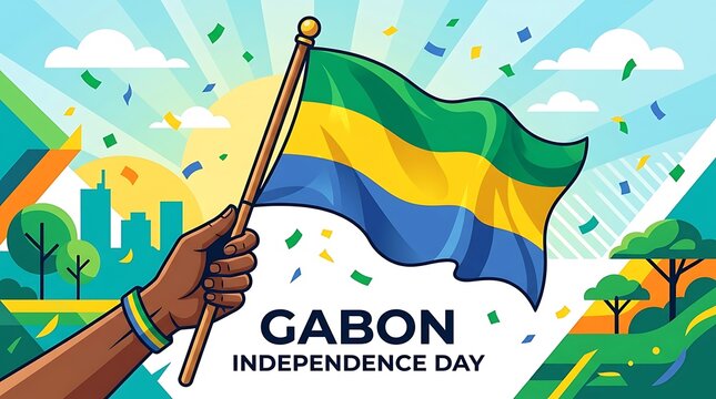 simple Gabon Independence Day text, a hand waving a flag, and a contemporary vector image