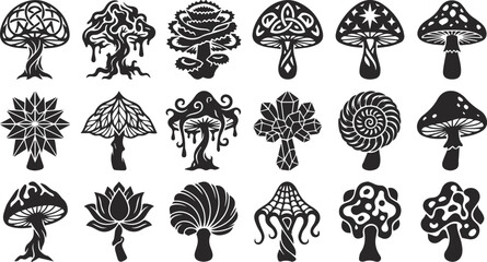 Black and white mushroom set mystic fungi vector illustration collection magic tribal and nature design elements © Postnest