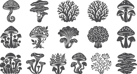 vintage mushroom set vector monochrome fungus illustration hand drawn mushroom icons engraved fungus set nature forest design elements wild mushrooms collection magic fungus graphics retro mycological © Postnest