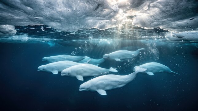 Group of beluga whales swimming under fractured ice with beams of sunlight penetrating cold water, multiple white mammals moving together in arctic marine habitat