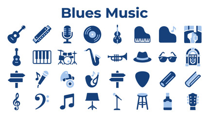 Collection of blues music icons representing instruments, vinyl records, microphones, and performance elements for graphic design and media © Iconique Studio