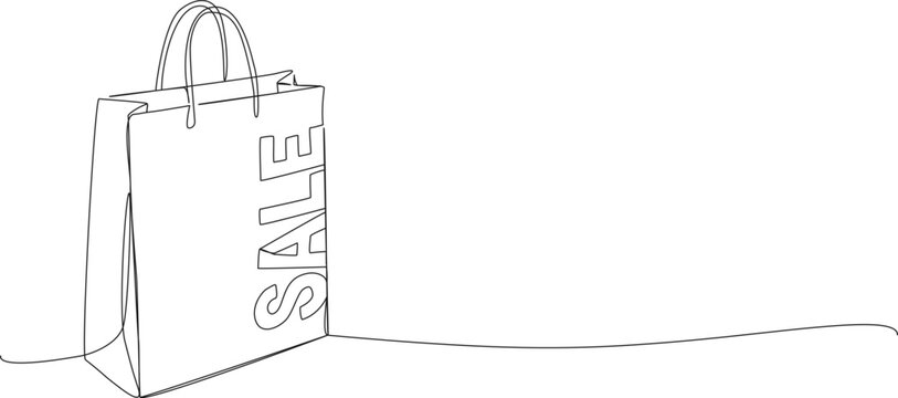 continuous line drawing of paper shopping bag with word SALE, shopping and retail marketing concept, line art vector illustration