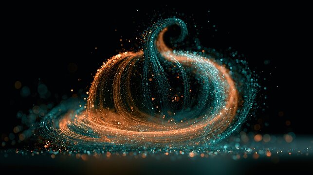 Abstract magical swirls of orange teal light forming shape of pumpkin, sparkling bokeh, ethereal particles situated under twilight night canopy