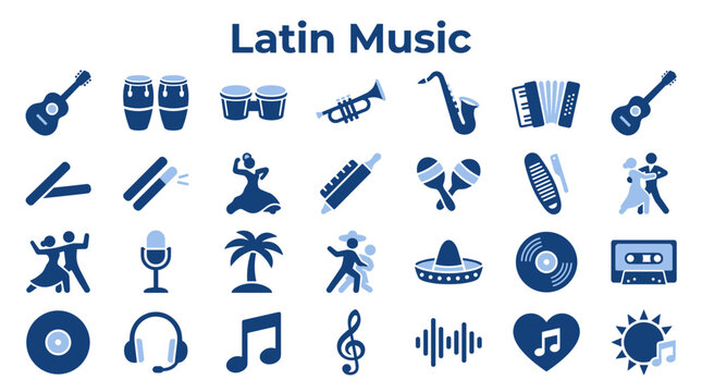 Collection of Latin music icons and symbols representing rhythm dance instruments culture and celebration on a clean blue background