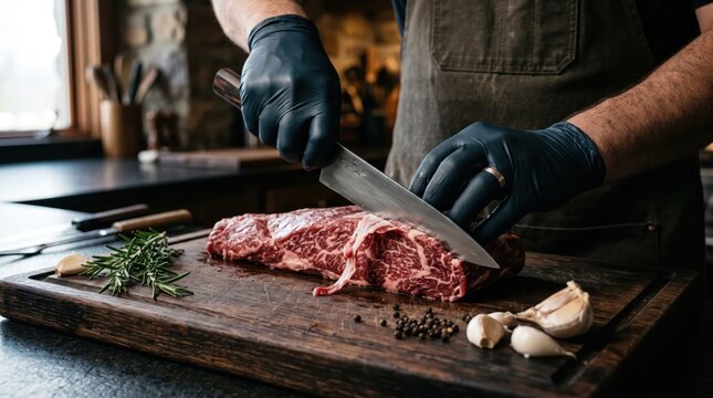 Man cutting raw marbled steak on dark wooden board in rustic kitchen, gloved hands guiding chef knife beside garlic cloves and sprig of rosemary for prep and seasoning