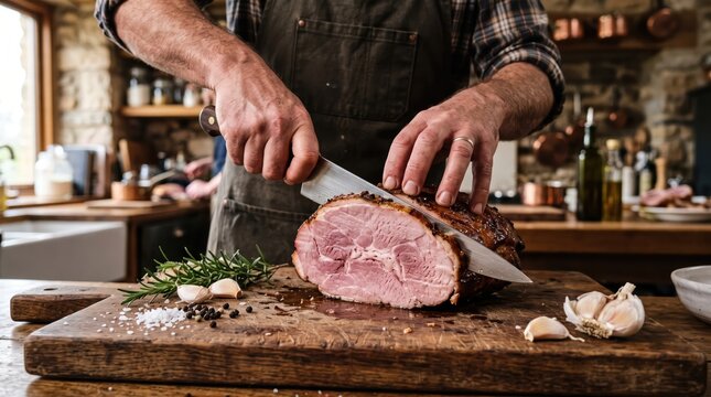 Male chef carving glazed ham on aged wooden board in cozy country kitchen, strong hands slicing thick cut with knife while garlic and herbs rest nearby for seasoning