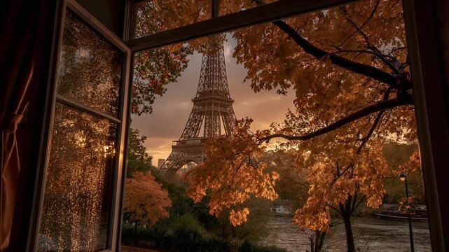 Paris, France, Europe. A vivid portrayal of the Eiffel Tower in Paris, France, bathed in the warm glow of the setting sun.