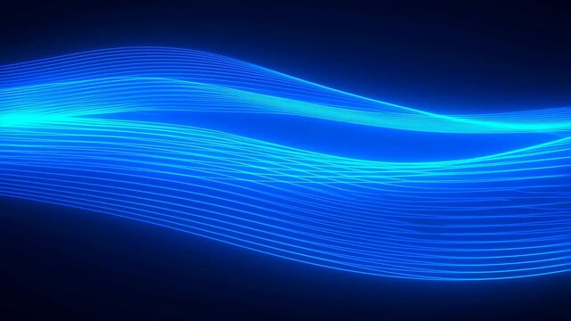 Blue glowing wave lines flow and undulate smoothly across a dark background with pulsing light effects. Glowing background combines blue wave lines with fluidity and energy.