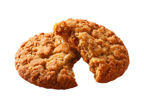 Broken oatmeal cookie with a crisp golden texture and visible oat flakes, isolated on a white background.