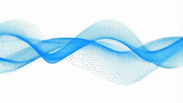Blue particles form a flowing wave pattern moving smoothly across a white background. Futuristic digital backdrop inspired by fluidity and waveform.