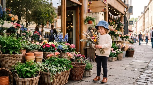 Young child holding bouquet at outdoor flower market on cobblestone street, standing by shopfront with wicker baskets and potted blooms in cheerful daytime scene