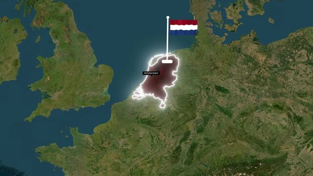 World Map Zooming into Netherlands Country Borders with Waving Flag and Capital Amsterdam