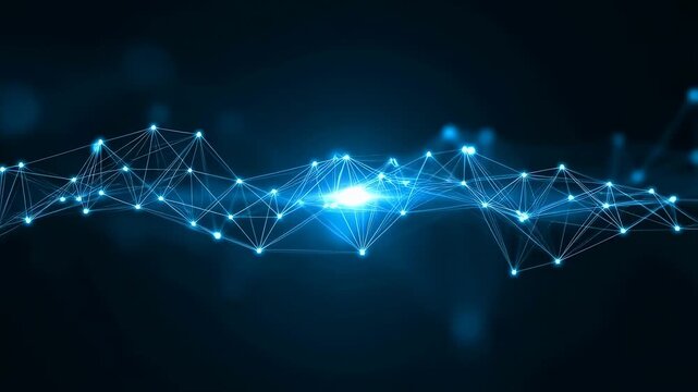 Glowing blue and cyan digital mesh pulses with shifting nodes and connecting lines on a dark background. Abstract animation blends points of light and lines with layered visual depth.