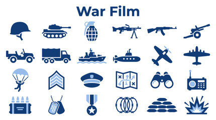 Obraz premium Collection of military and war film icons representing combat vehicles, weapons, and soldier equipment for historical or action movie themes