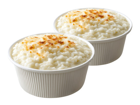Two creamy baked rice puddings with lightly caramelized tops in white ramekins, isolated on a white background.
