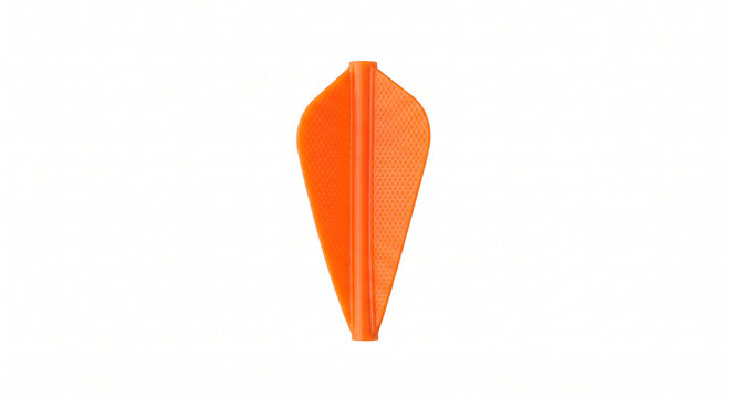 Macro photo of an orange plastic arrow fletching vane. Ultra-thin flexible polymer airfoil with dimples, isolated on white.