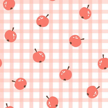 Seamless pattern with hand drawn apples on gingham. Autumn harvest theme wallpaper. Repeat background with fall fruits. Vector illustration in flat style.