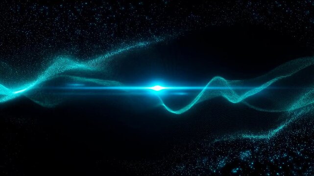 Glowing cyan particles flow and pulse along a horizontal wave with a bright central light flare on a dark background. Abstract animation blends particles and wave lines with glowing light.