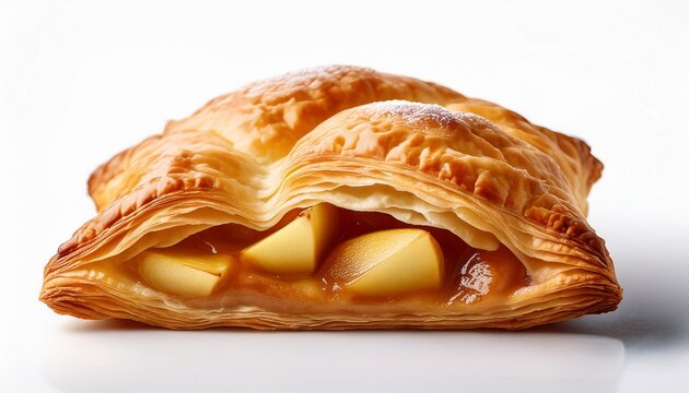 warm golden apple turnover in crisp close up view highlighting flaky pastry texture and sweet filling against a white backdrop