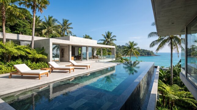 Modern concrete luxury villa with infinity pool overlooking tropical ocean bay and palm trees