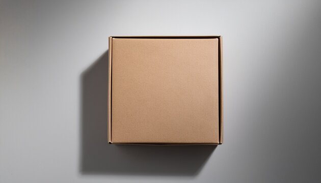 top view of a closed kraft paper box the simple square container sits on a plain light grey surface with soft shadow this packaging is perfect for branding mockups and e commerce