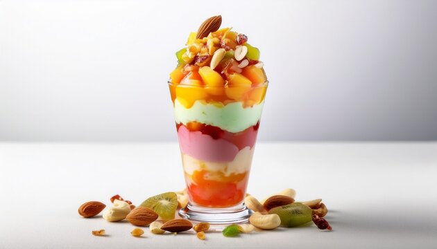colorful mixed fruit ice cream falooda in a glass layered with syrup nuts and creamy textures on white background