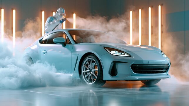 AI generator images of Professional automotive painter spray painting a car inside a modern paint booth, wearing full protective suit and respirator, controlled lighting, flawless paint finish