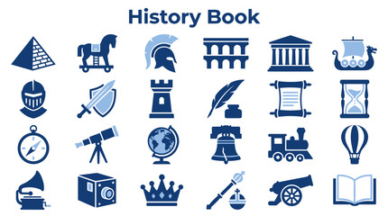 Collection of historical symbols and icons representing different eras and achievements in human civilization © Iconique Studio