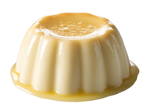 Creamy vanilla pudding with a smooth glossy surface and rich custard sauce, isolated on a white background.