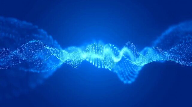 Blue and cyan particles flow and oscillate to form a smooth wave pattern on a dark blue gradient background. Futuristic backdrop inspired by data wave and digital flow.