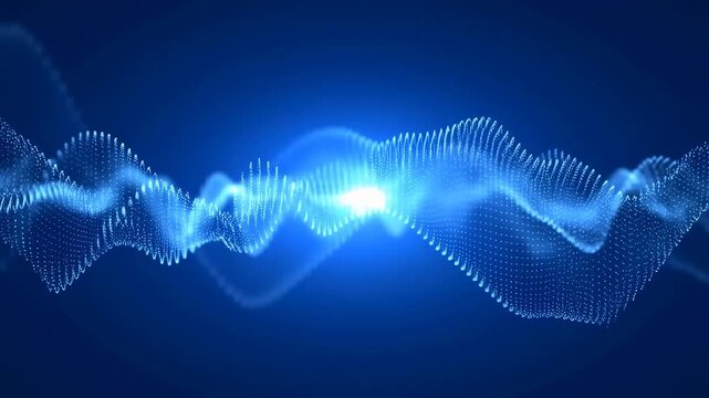 Flowing wave of glowing blue particles oscillates smoothly against a dark blue background. Abstract motion background combines wave-like particle formation with flowing movement.