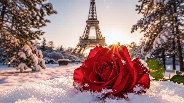 Romantic red rose resting on pristine snow with Eiffel Tower glowing in Paris at sunset