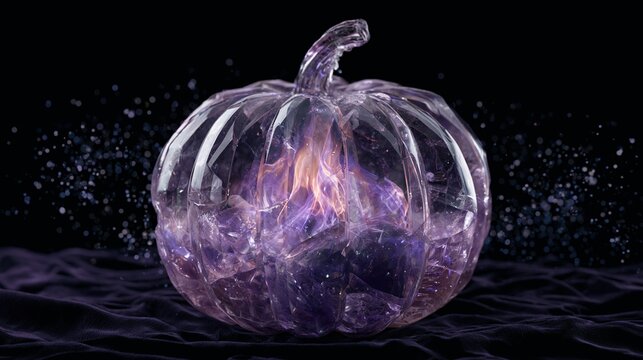 Crystalline pumpkin carved from amethyst, violet magical flames flickering inside, refracting light rays positioned in enchanted garden clearing
