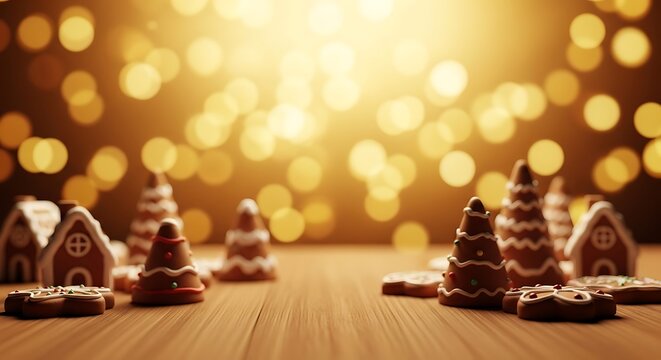 Festive gingerbread cookies shaped like christmas trees and houses on a wooden table with a warm, glowing bokeh background for holiday celebration