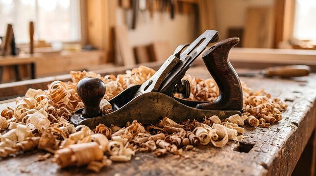 Vintage hand plane tool resting on wooden workbench among curly wood shavings in traditional carpentry workshop, warm rustic natural lighting, craft concept asset for design.