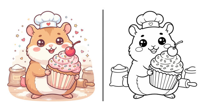 Cute kawaii hamster baker cupcake kids coloring worksheet vector