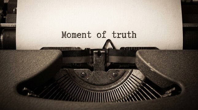 Typewriter typing "Moment of truth" text on paper close up
