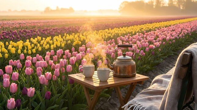 Tea table set in a colorful sunrise tulip field.