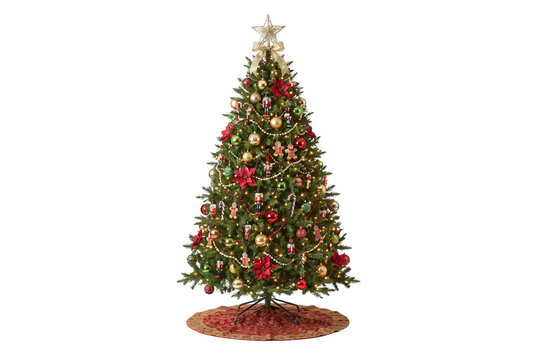 Beautifully decorated festive Christmas tree with glowing lights, classic ornaments, nutcrackers, ribbon bow, star topper, and traditional red tree skirt.